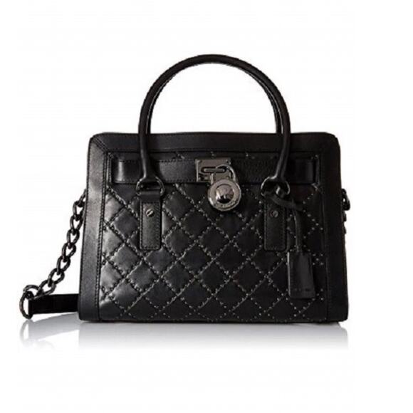 MICHAEL KORS Hamilton Medium Studded Leather Satchel Bag Black Classic Timeless - Picture 1 of 11